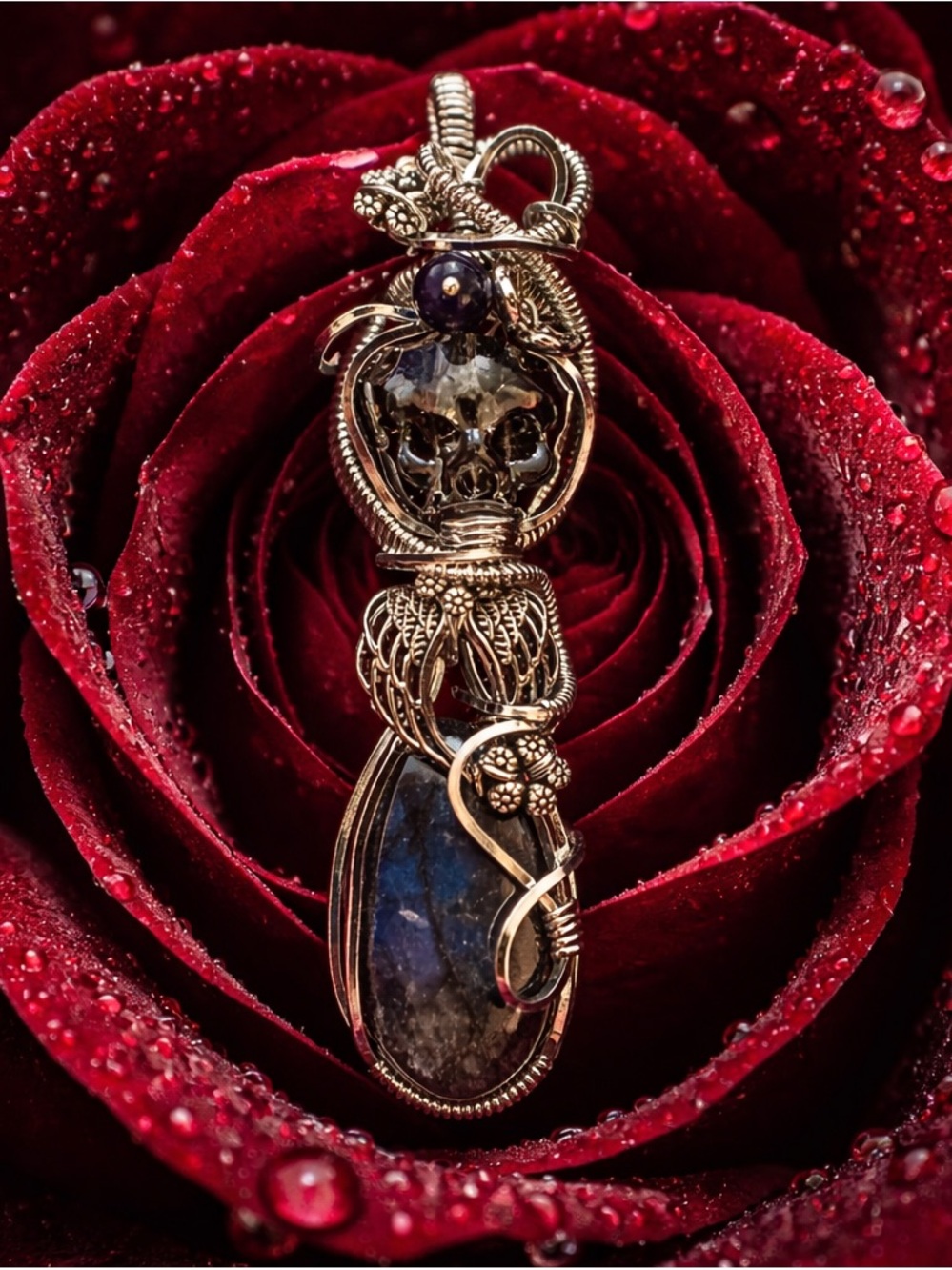 Gold Wire-Wrapped Crystal Skull & Blue Gem Labradoodle Pendant Necklace